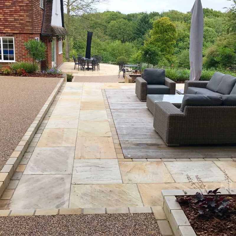 Load image into Gallery viewer, Mint Fossil Indian Sandstone Paving - 900 x 600 x 22mm - Tumbled & Riven
