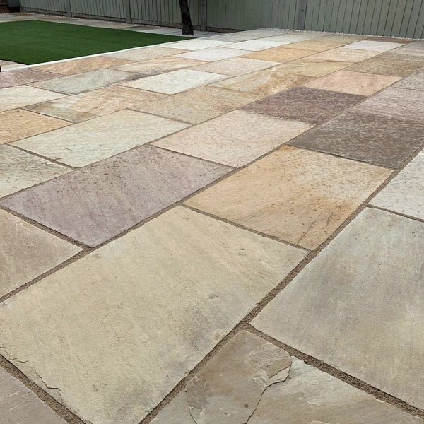 Load image into Gallery viewer, Mint Fossil Indian Sandstone Paving - 900 x 600 x 22mm - Tumbled & Riven