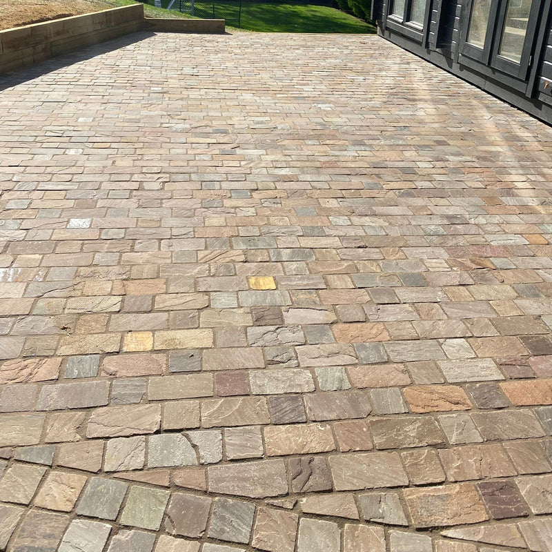 Load image into Gallery viewer, Raj Green Indian Sandstone Block Paving - 150 x 150 x 50mm - Sawn, Tumbled & Riven