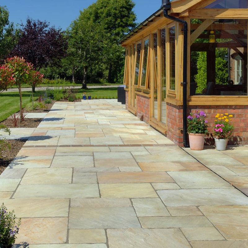 Load image into Gallery viewer, Mint Fossil Indian Sandstone Paving - Patio Pack - Mixed Sizes - Tumbled & Riven