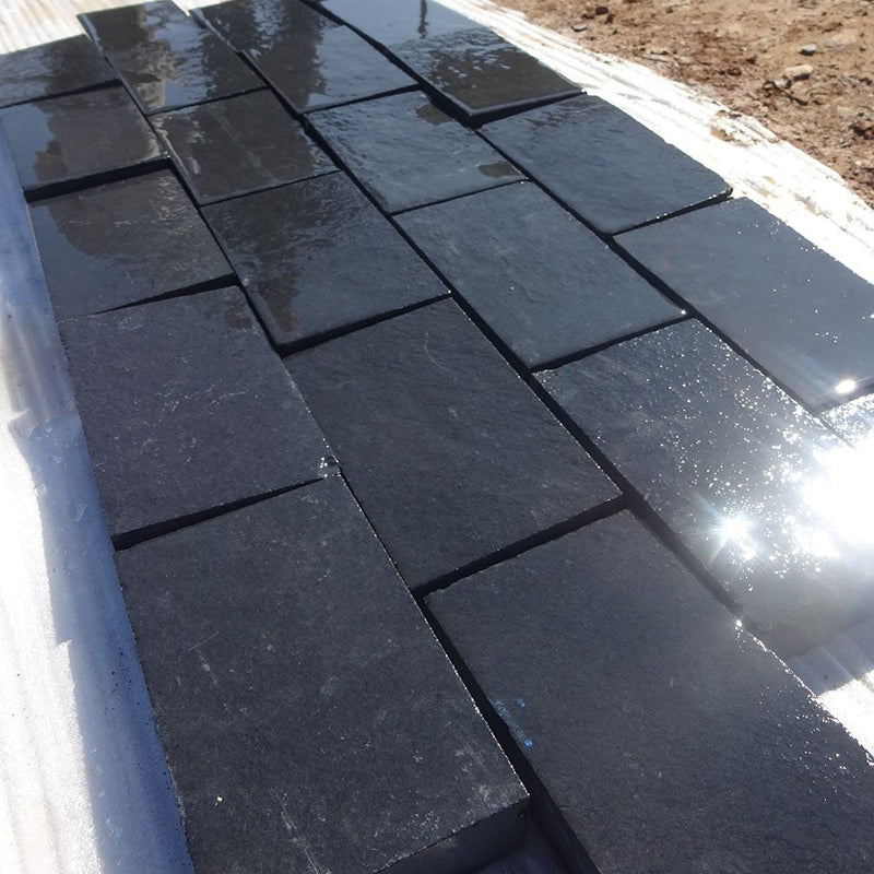 Load image into Gallery viewer, Kota Black Limestone Block Paving - 250 x 150 x 50mm - Sawn, Tumbled &amp; Riven
