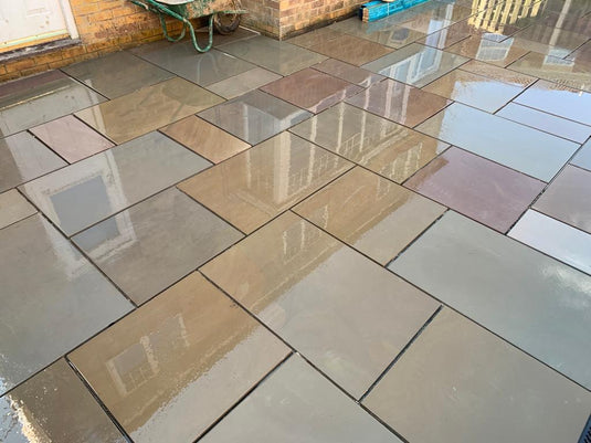 Raj Green Indian Sandstone Paving - Patio Pack - Mixed Sizes - Sawn & Sandblasted