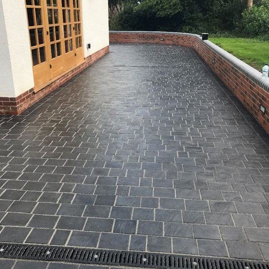 Kota Black Limestone Block Paving - 250 x 150 x 50mm - Sawn, Tumbled & Riven
