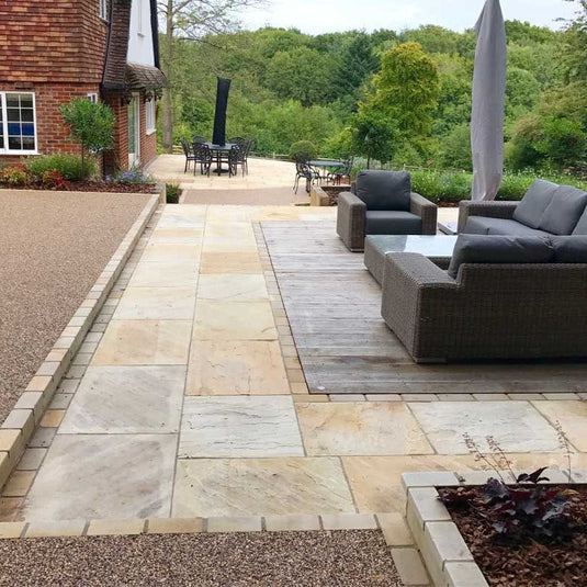 Mint Fossil Indian Sandstone Paving - 900 x 600 x 22mm - Tumbled & Riven