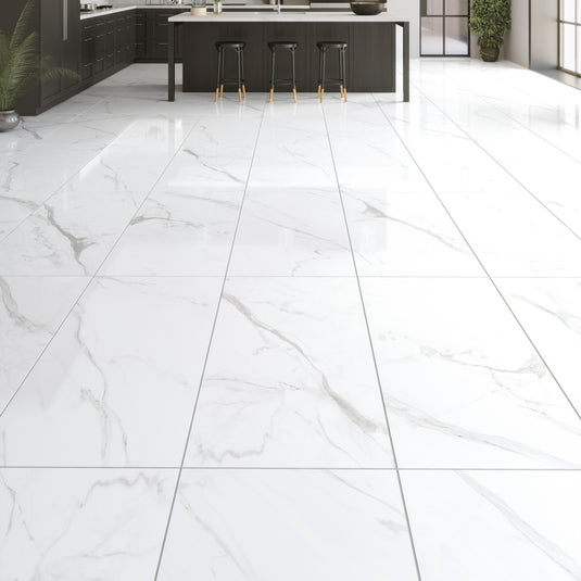 Marmi Statuario - White Porcelain Paving Tiles - Polished Finish - 600 x 600 x 7mm