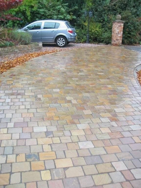 Raj Green Indian Sandstone Block Paving - 250 x 150 x 50mm - Sawn, Tumbled & Riven